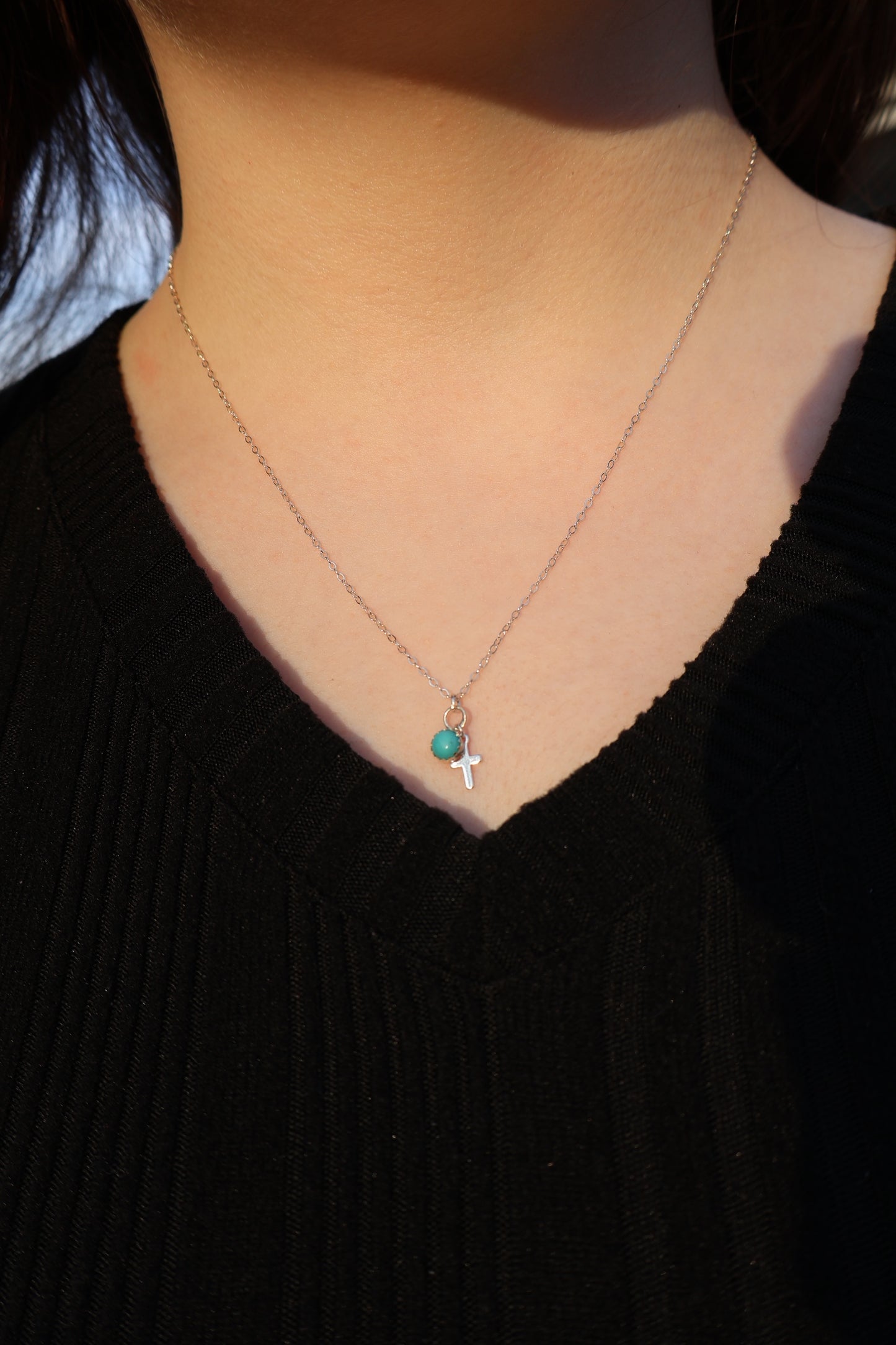 Tiny Cross + Turquoise Necklace